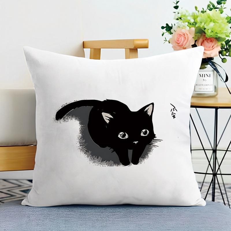 Cartoon Black Cat Print Decorative Pillowcase Bedroom Living Room Square Cushion Pillowcase
