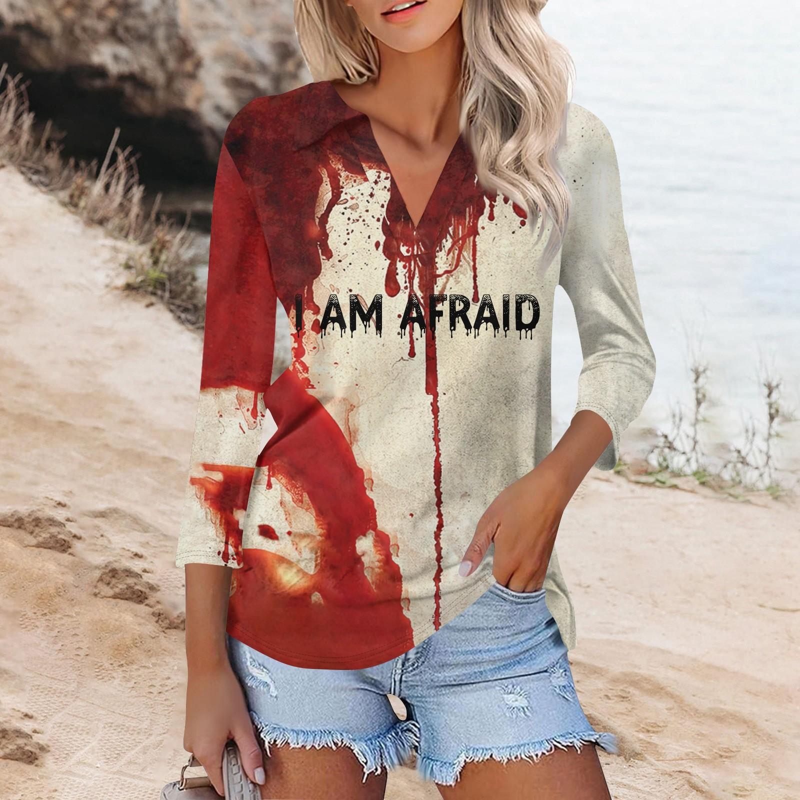 

Женская модная повседневная футболка с V-образным вырезом и рукавом 3/4 на Хэллоуин с кровавым принтом XXL