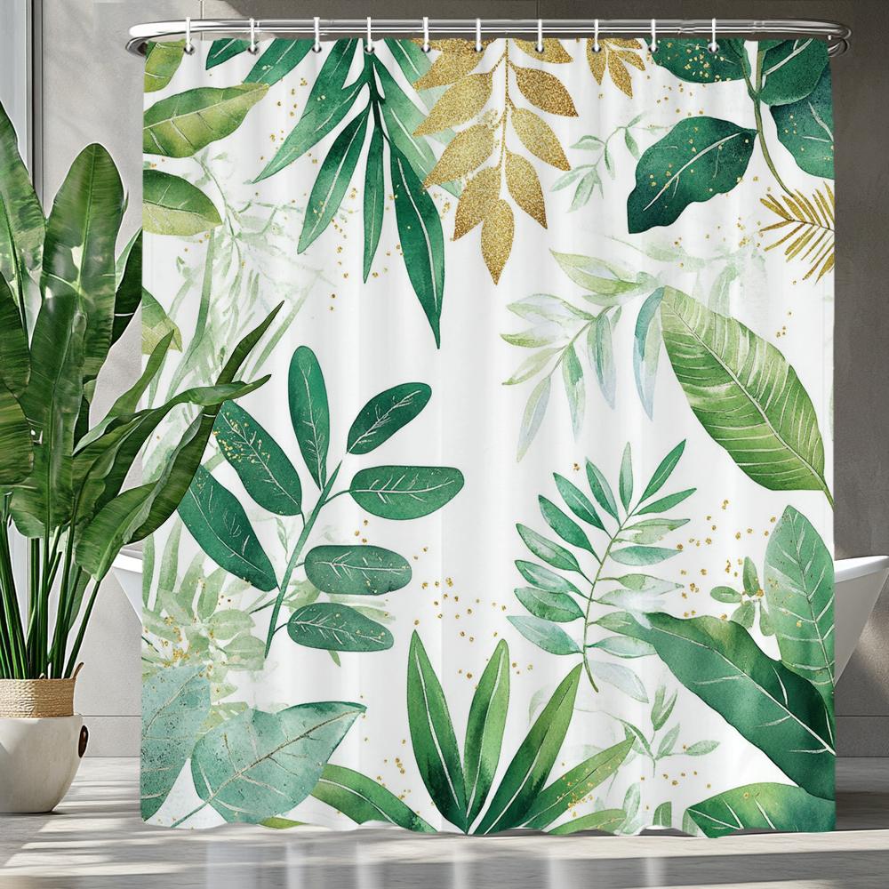 Green Leaves Monstera Plants Printed Shower Curtain Bathroom Curtain,Hanging Curtain With 12 Hooks Decoration Machine Washable