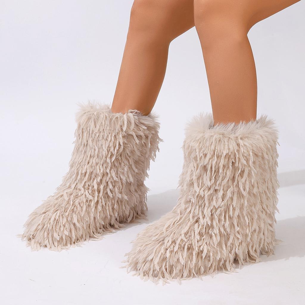 Furry Faux Fur Boots for Women Fuzzy Fluffy Mid Calf Snow Boots Winter Suede Warm Fur Lined Booties Flat Boots Women's Casual Ankle Booties Shoes