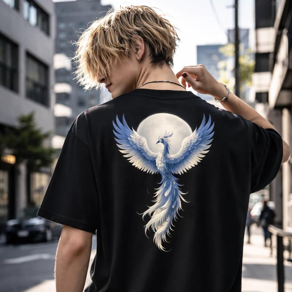 

Phoenix Graphic T Shirt Men Streetwear Back Print Fire Bird Tee Japanese Style S