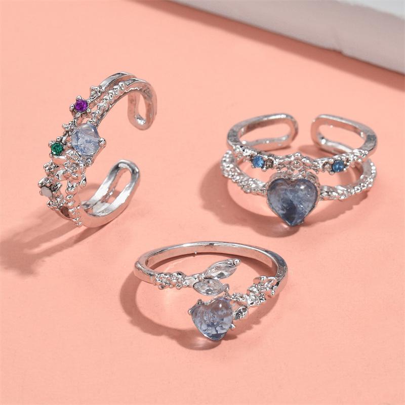 3Pcs/Set Fashion Blue Opal Heart Rings For Women Open Flower Rhinestone Finger Rings Wedding Party Trendy Girls Jewelry