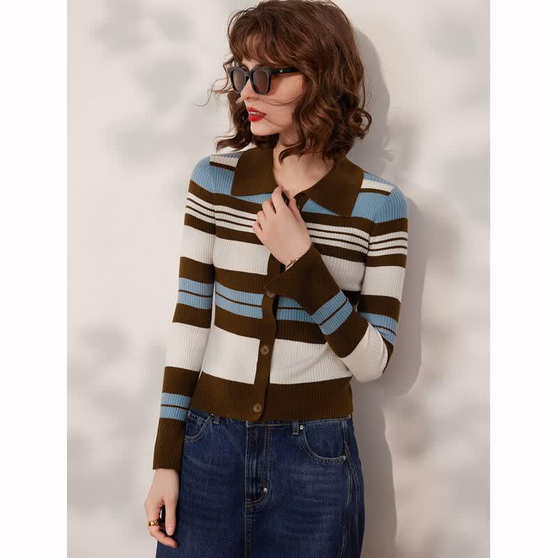 Gestreifter Strick-Cardigan mit Revers für Damen