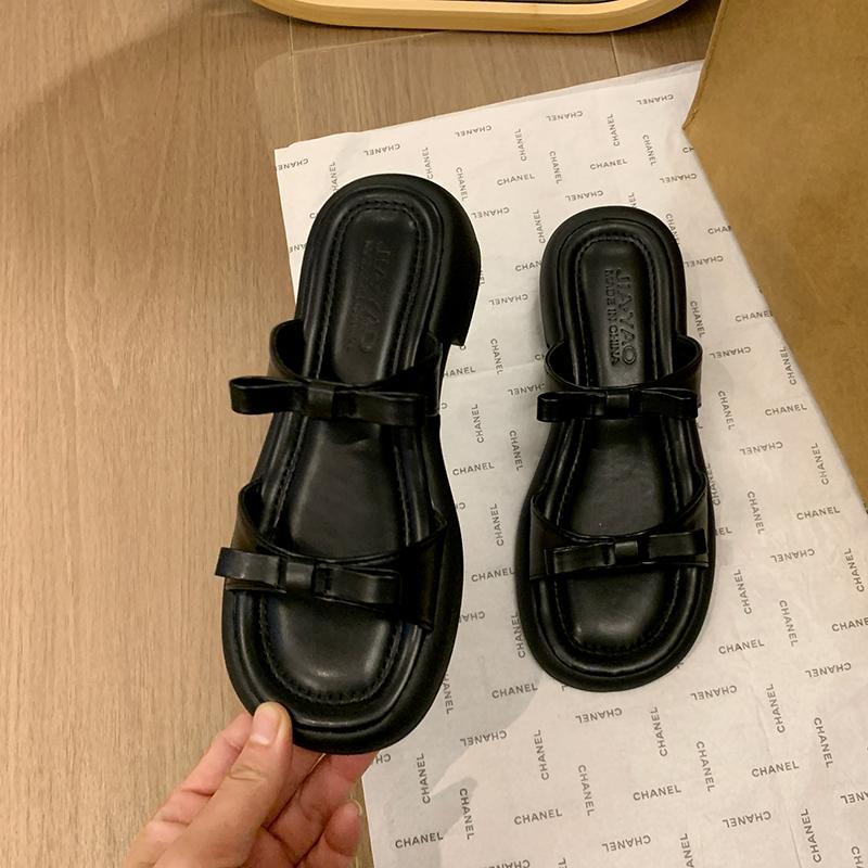 

Fashion Aphixta Fashion Straps Summer Beach Shoes 4.5cm Square Heels Slippers Women Sweet Bow Mulers Outside Summer Sandals Shoe Slides 35