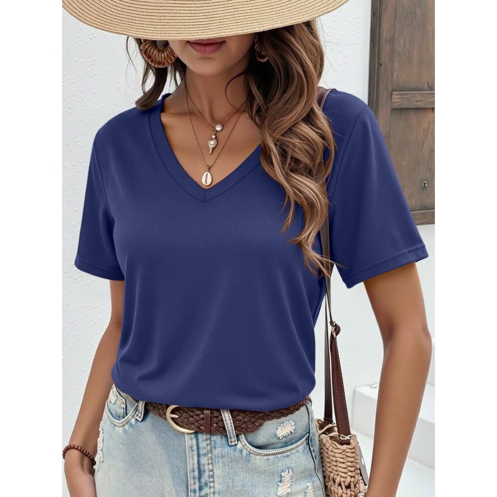 Soft V Neck Short Sleeve T-Shirt, Breathable Stretchy Basic Tee for Women, Casual Summer Wardrobe Essential Blouse