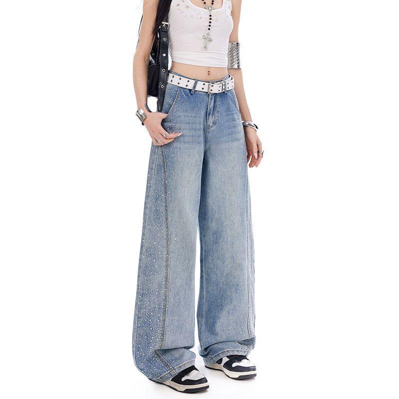 Early Spring Full Star Rhinestone Vintage Street High Waist Slim Fashion Saber Cut Denim Pants For Women Casual Pants Oversize Denim Trousers