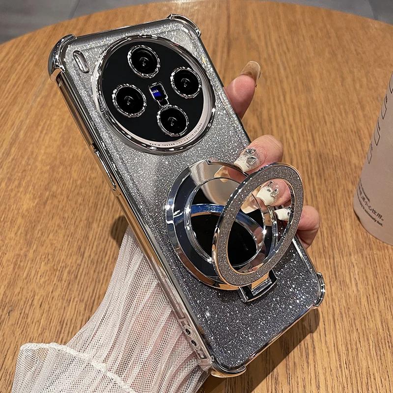 

Блестящий противоударный силиконовый чехол с четырьмя углами для VIVO X300 Pro X 300 Зеркальный магнитный держатель-подставка Мягкая накладка для VIVO X300pro For VIVO X300 серебряный