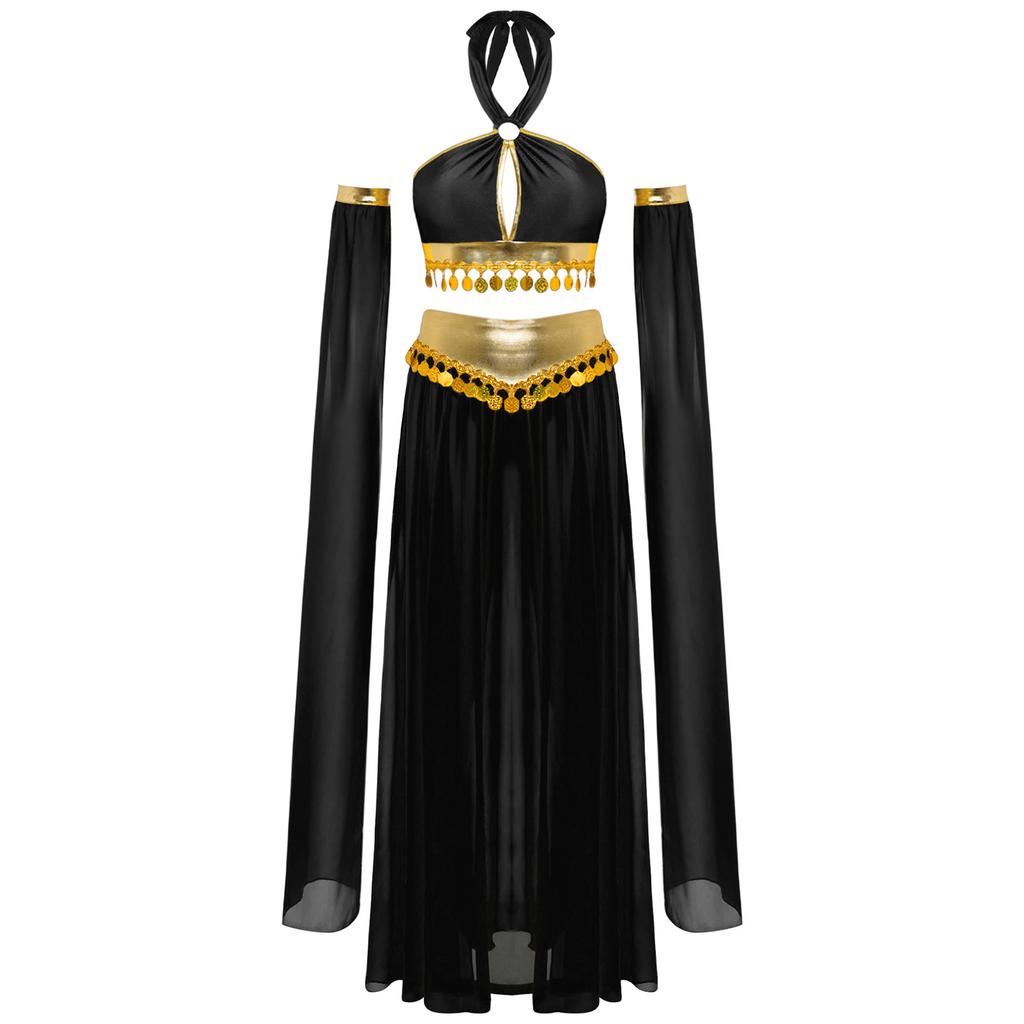 Womens Belly Dance Costume Self Tie Halter Keyhole Front Sequins Hem Crop Top Built In Briefs Chiffon Skirt