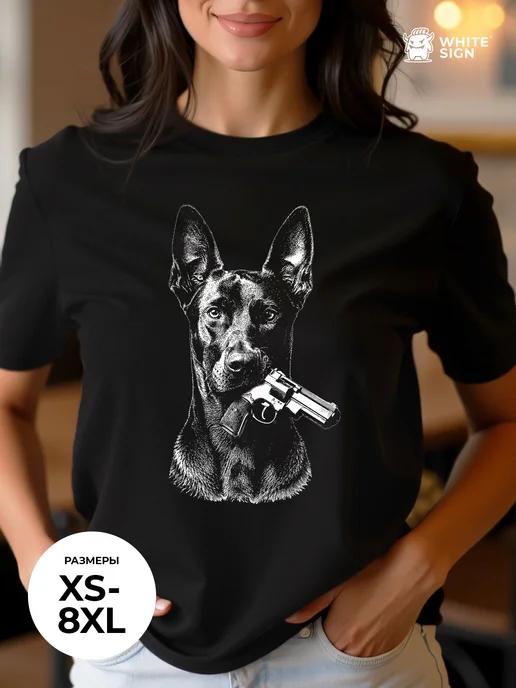 Trendy oversized cotton T-shirt with Doberman with a Gun print S