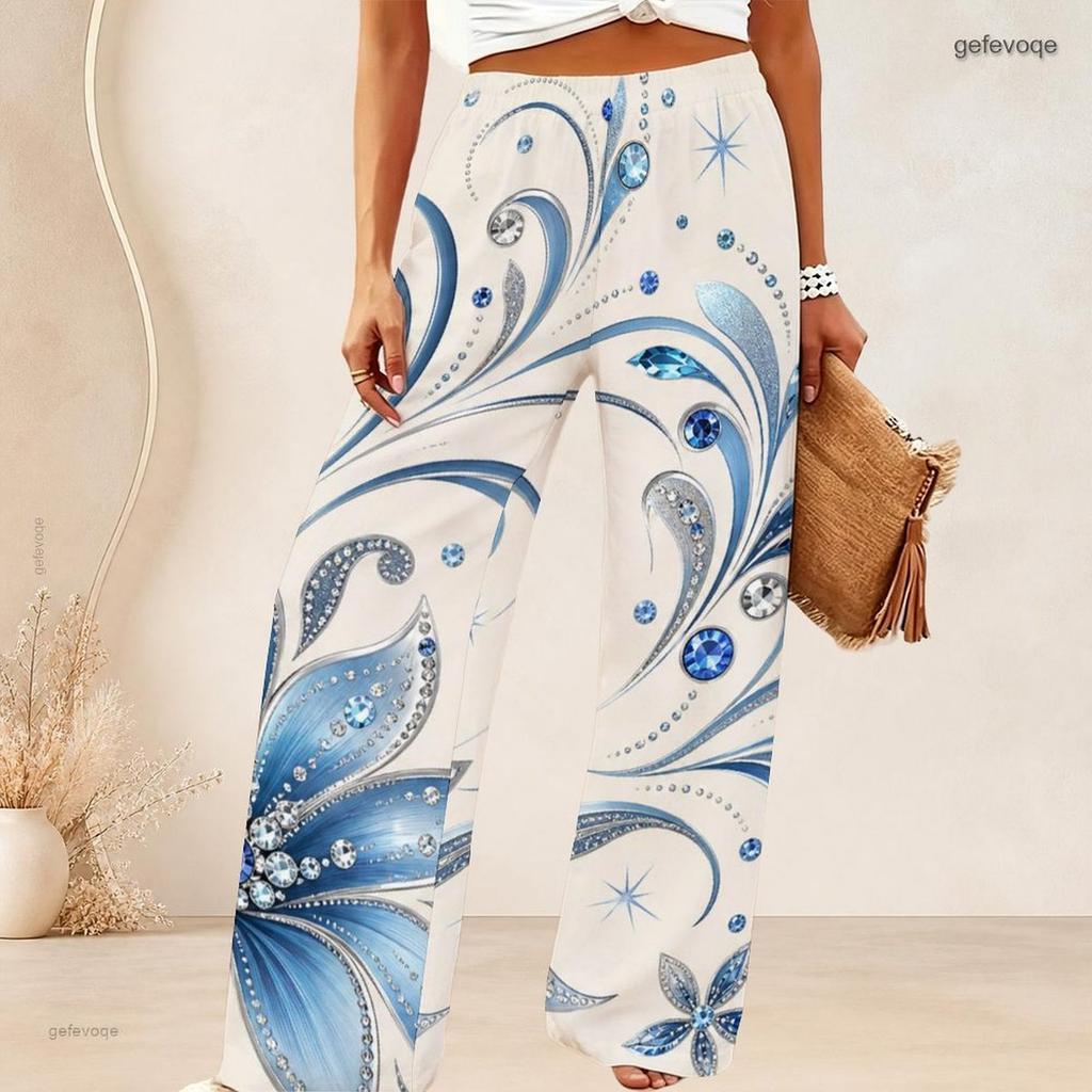 Women Plus Size Loose Wide Leg Long Pants Exquisite Gem Star Print Elastic High Waist Casual Trousers For Daily Beach Vacation Wear