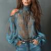 Womens High Neck Cold Shoulder Chiffon Blouse Lantern Sleeve Loose Fit Top Casual Shirt