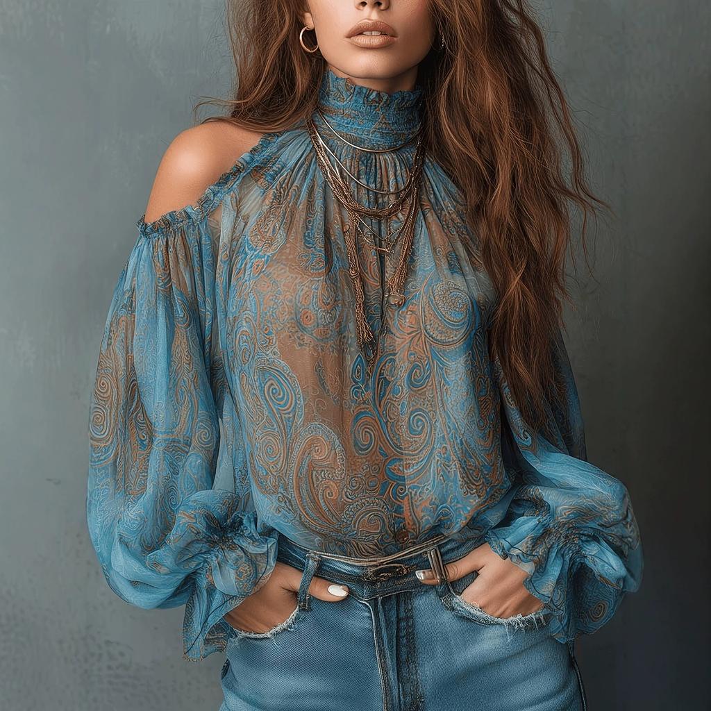 Womens High Neck Cold Shoulder Chiffon Blouse Lantern Sleeve Loose Fit Top Casual Shirt