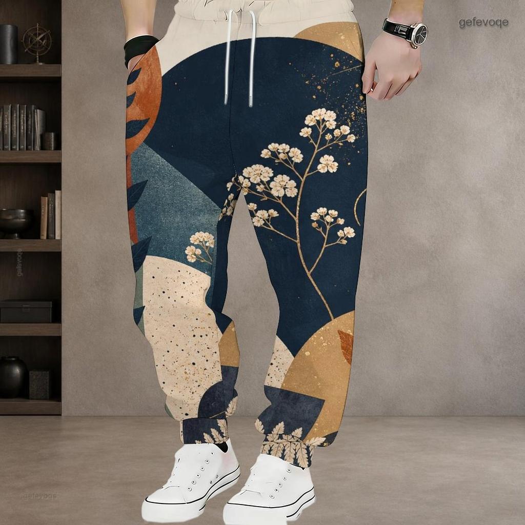 Men Plus Size Blue White Printed Drawstring Jogger Pants Side Pockets Cuffed Ankle Long Trousers