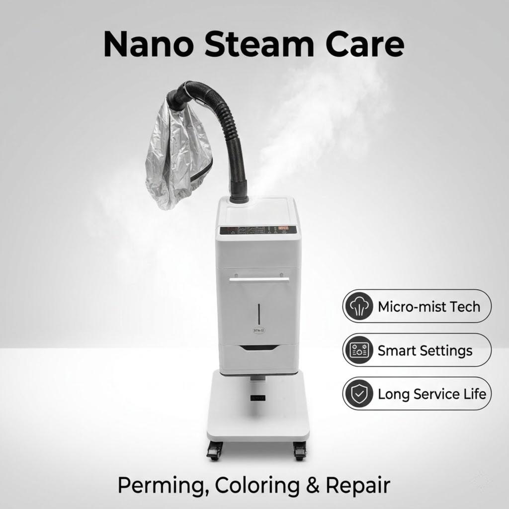 Nano Hair Steamer Machine Beauty Salon Free Standing Micro Mist Hair Care Repair Perming Coloring Adjustable Wheels