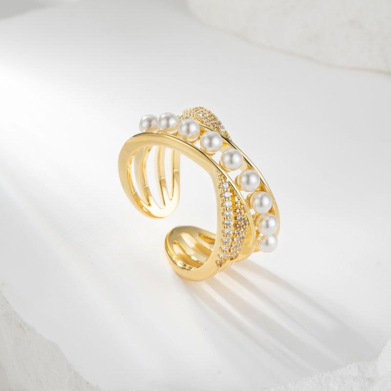 Cross Pearl Hollow Open Ring Fashion Light Luxury Imitation Pearl Micro-inlaid Zircon Ring Adjustable Index Finger Ring