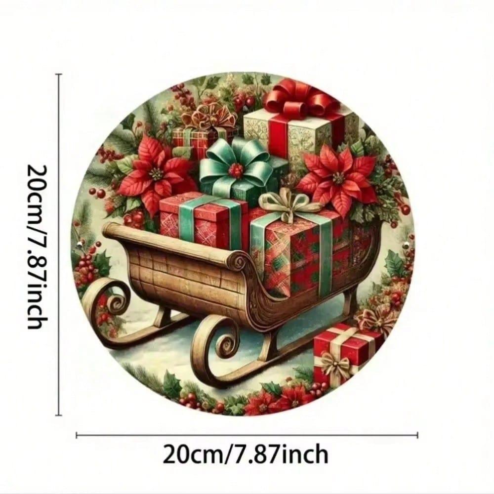 Christmas Metal Wall Sign Sleigh Round Vintage Tin Sign Holiday Home Bar Cafe Decor