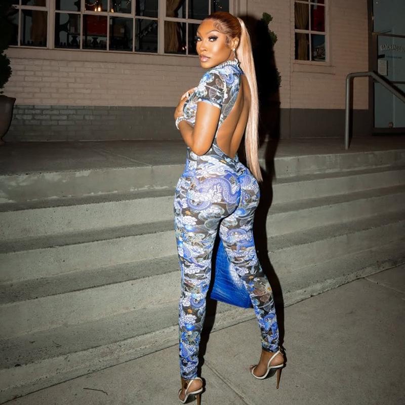 Salopetă de vară 2025 din plasă cu imprimeu digital, fără spate: Stilul stradal european și american