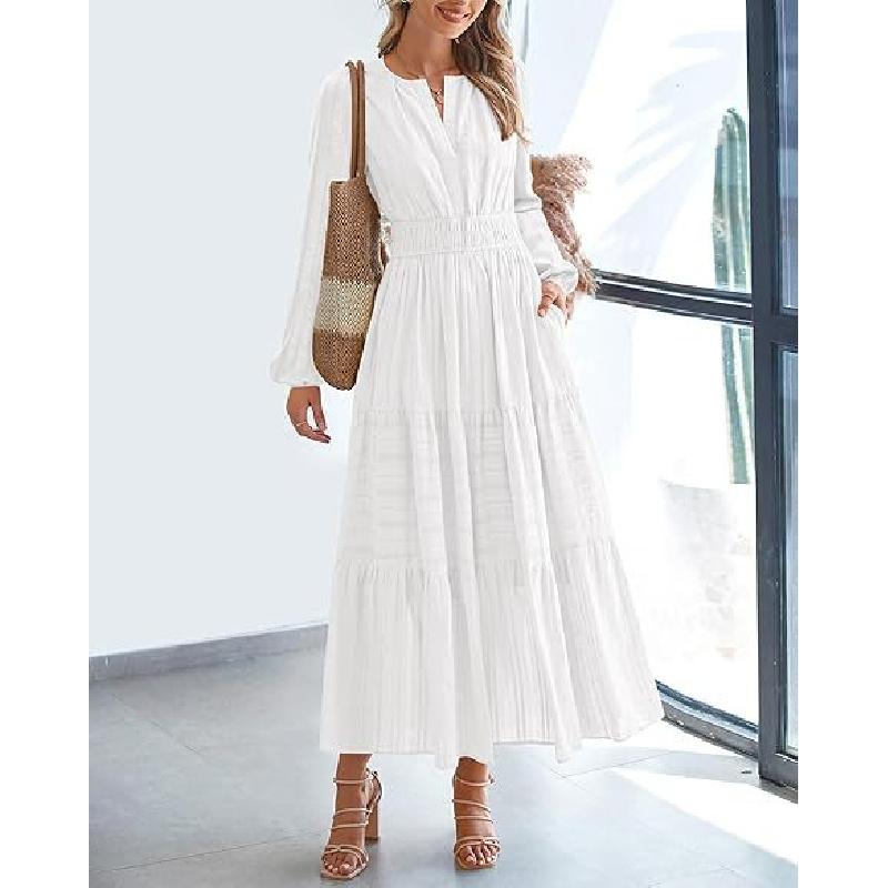 Women S V-Neck Pleated Puff Sleeve Long-Sleeved Dress S белый