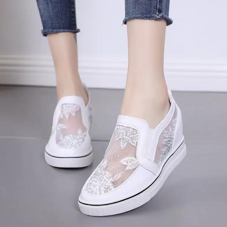 Fashion Comfortable Women Loafers  Lace Slip On Walking Shoes White Sneakers Casual Shoes Ballet Flats Platform Shoes Rhinestone