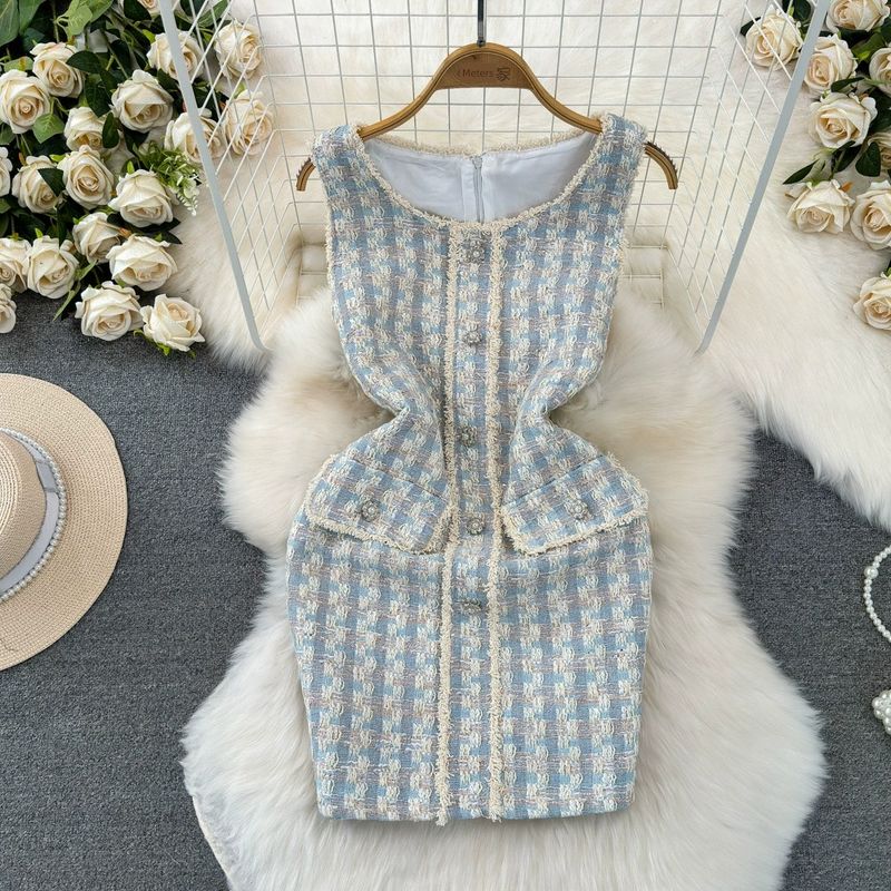 

Classic Style Summer Socialite Tweed Dress Vest Blue L