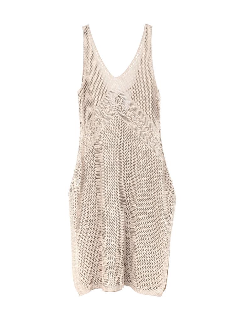 Vestido de praia com decote em V, sem mangas, cor sólida e vazado - Coleção primavera/verão