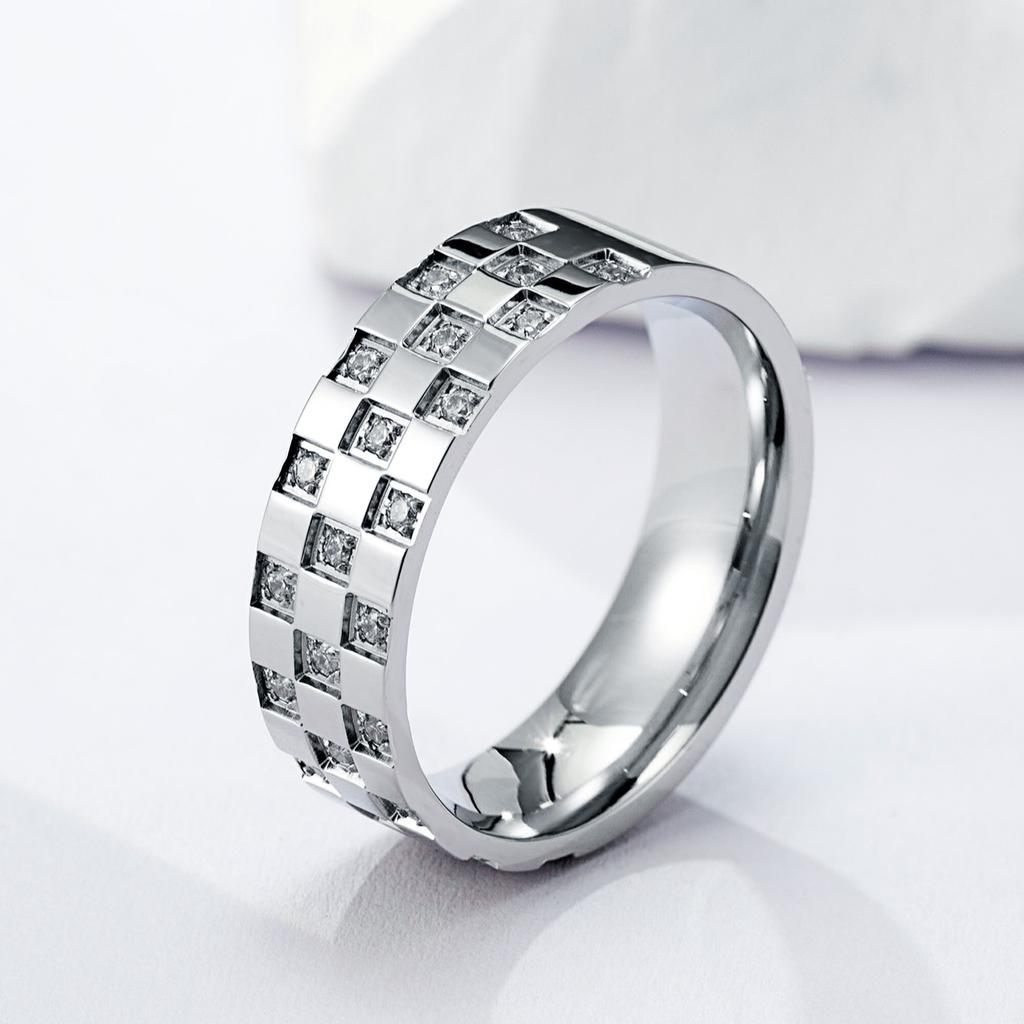 Light Luxury Sugar Cube Chessboard Diamond Ring Titanium Steel Electroplating Advanced Sense Ring Ins Neutral Wind Accessories