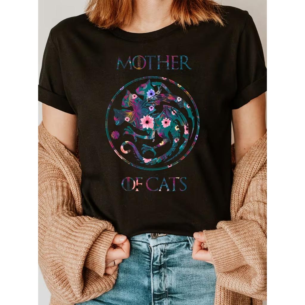 Chic Floral Cat Art T-Shirt for Women - Casual Crew Neck, Short Sleeve Top, Perfect for Spring & Summer