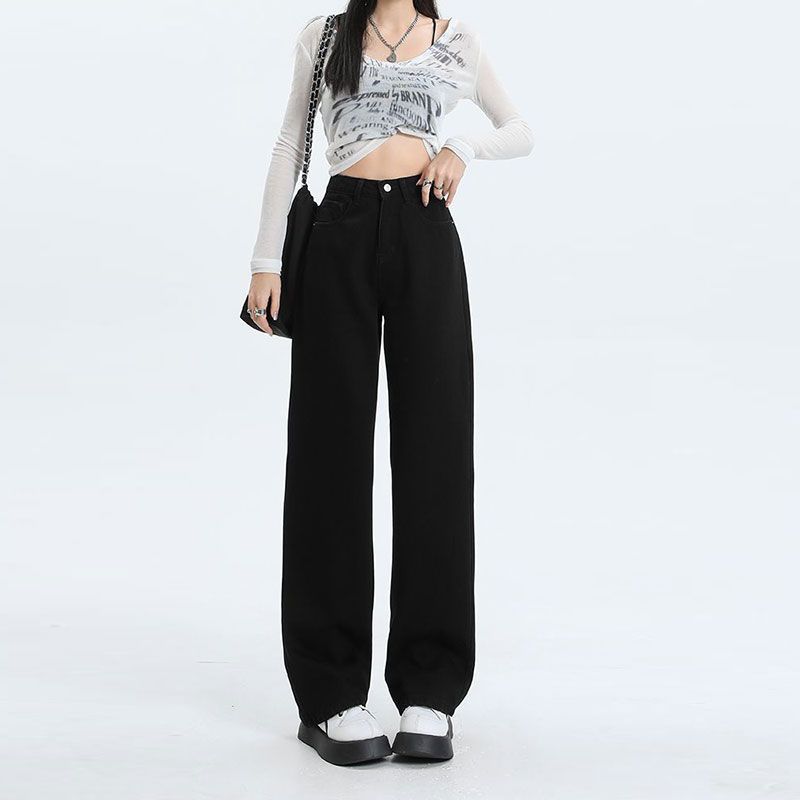 

Черные прямые джинсы с высокой посадкой Женские летние свободные облегающие брюки в стиле «тон в тон» с драпировкой и широкими штанинами Ретро уличный стиль Мешковатые длинные джинсы для леди 4XL