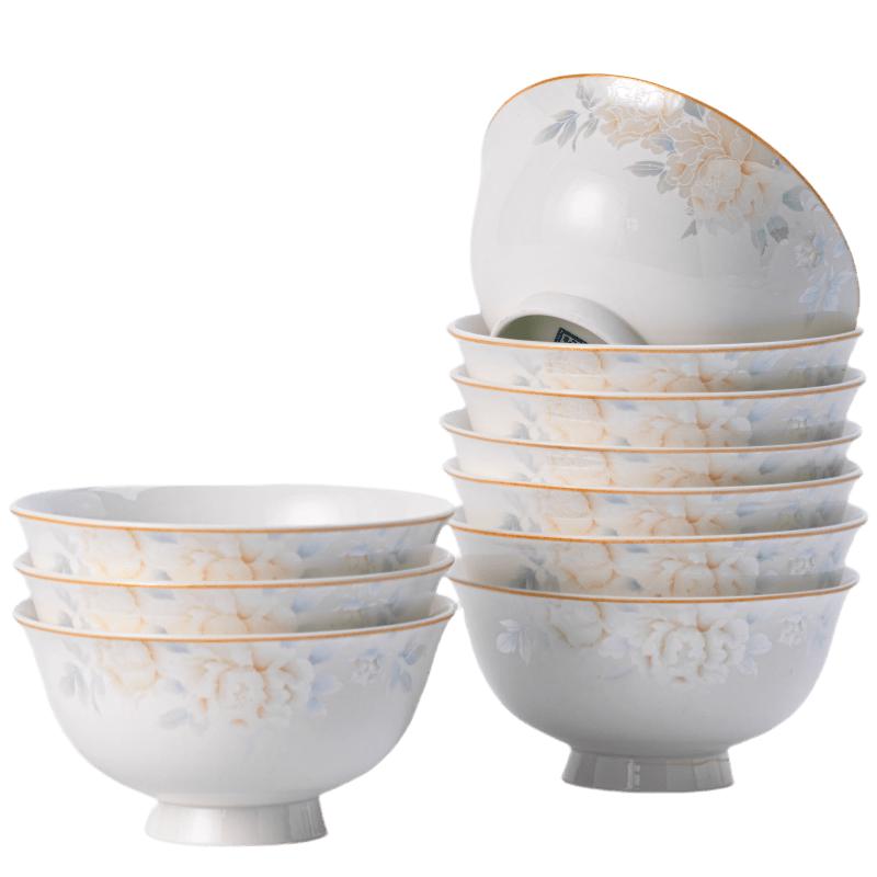 Haoya Jingdezhen Ceramic Flower Fairy Rice Bowls 4.5-inch High-Foot Bowl (Set of 10)
