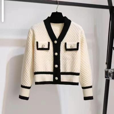 Mulheres Outono e Inverno Color-blocking Top de Malha Cardigan Manga Comprida Decote em V Casaco Curto Moda All-match Top