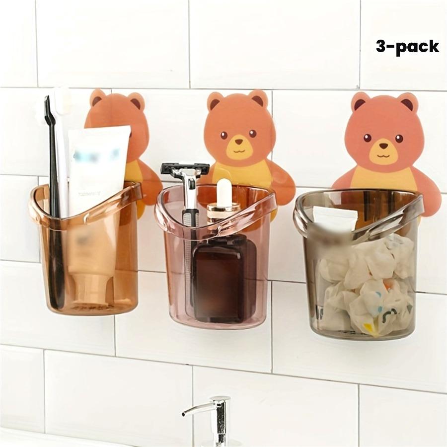 Set of 3 Cute Bear Wall-Mounted Sticky Storage Cups, Plastic Toothbrush Holder with Drainage Feature, No Power Required for Bathroom Storage Rack