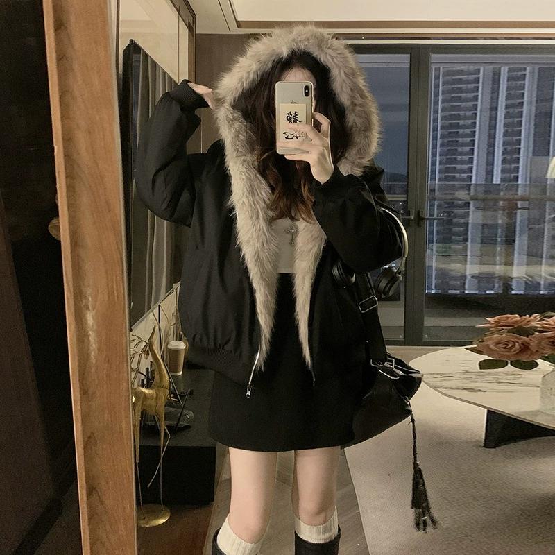 Winter Two-sided Hooded Cute Short Stitching Casual Fashion Trend Loose Cotton Jacket Women