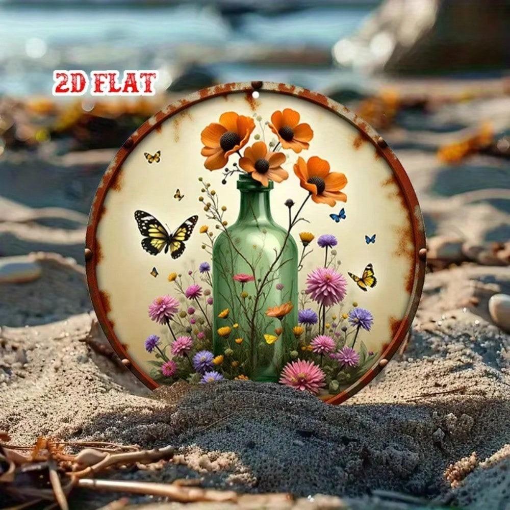 Metal Wall Art Vintage 2D Iris Flower Butterfly Round Plate 20cm for Garden