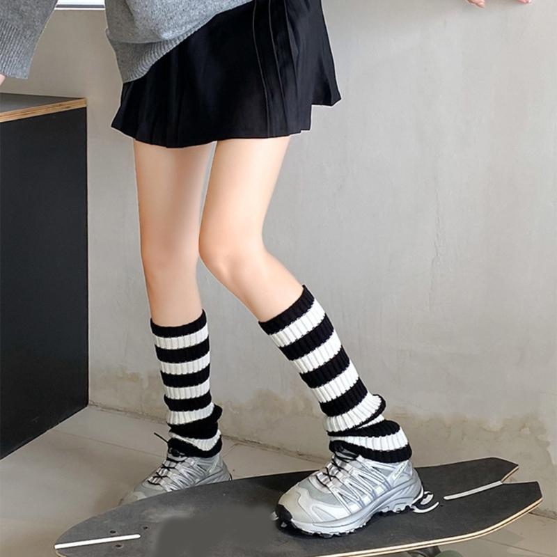 Contrast Color Striped Leg Warmers for Women Girls Ribbed Knitted Boot Covers Over Calf Socks for Dance Parties Hosiery