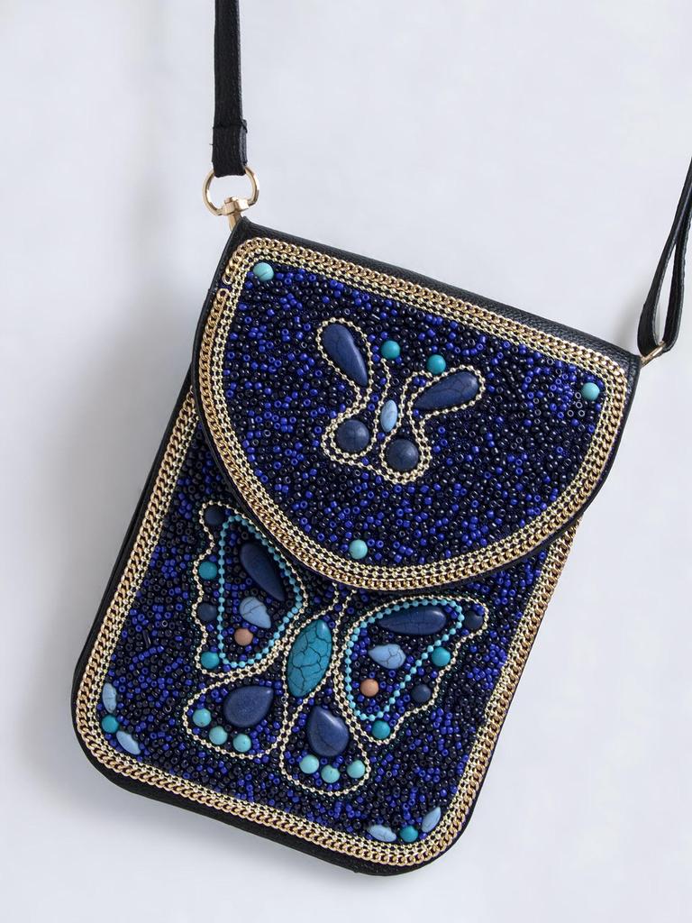 Bohemian Ethnic Shoulder Bag with Rice Beads, Shell Mobile Pocket, Floral PU Design, Women's Crossbody for Travel Photography.