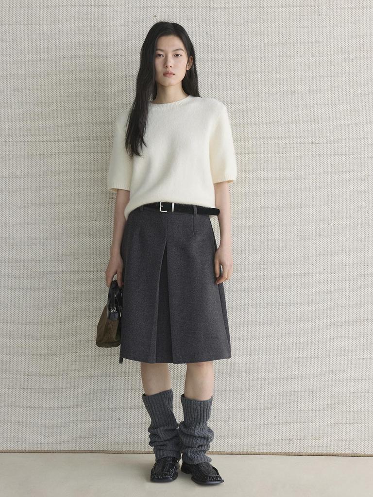 Xu Man Retro Korean Pleated Wool Midi Skirt for Women