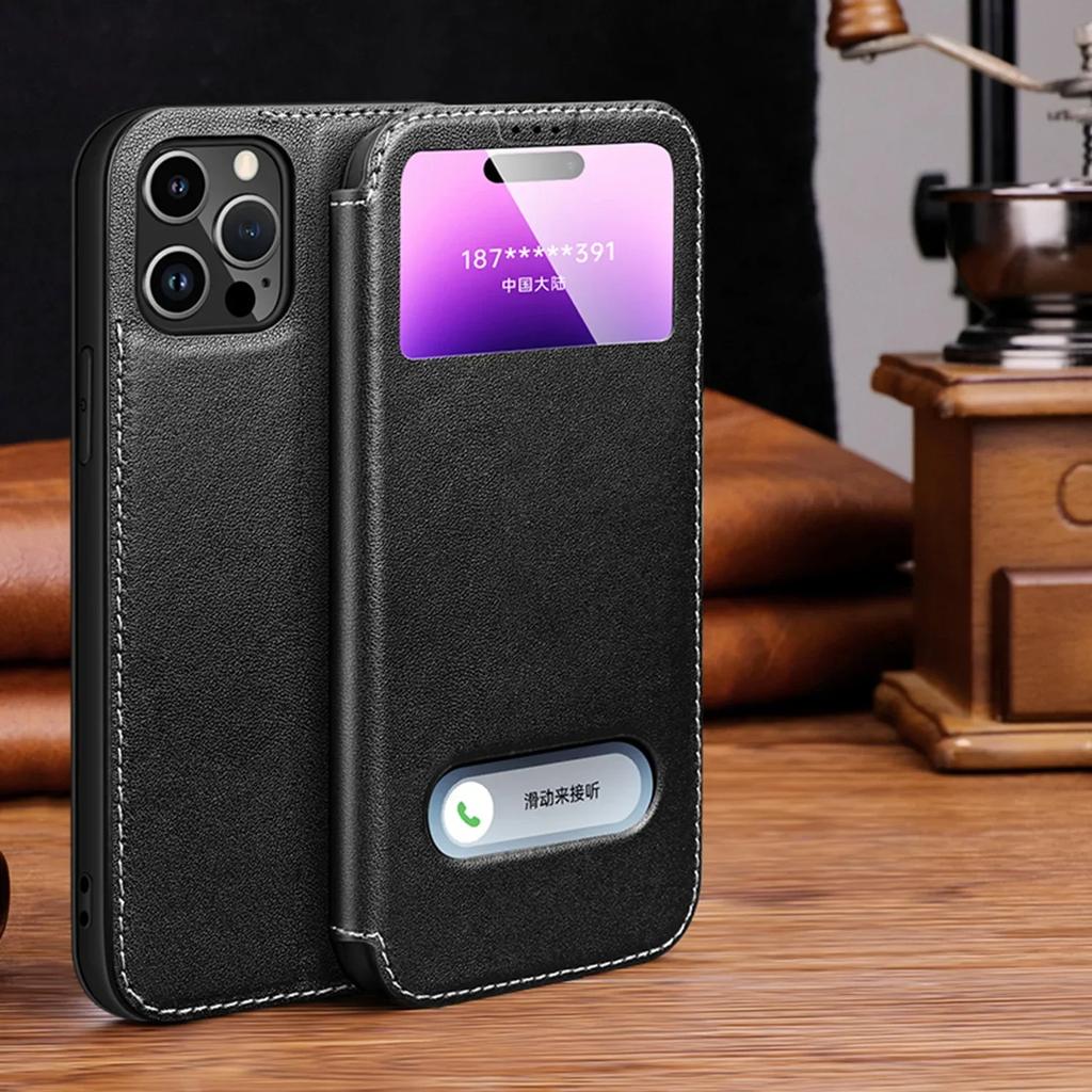 Genuine Leather Clear View Window Phone Case for IPhone 16 15 Plus 14 13 12 Pro Max Magnetic Flip Holder Cover