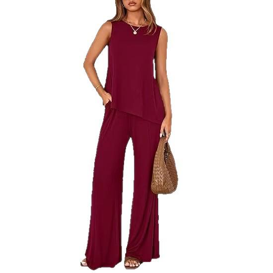 

2026 Women s Solid Color Sleeveless Casual Long Pants Set XL вино красного