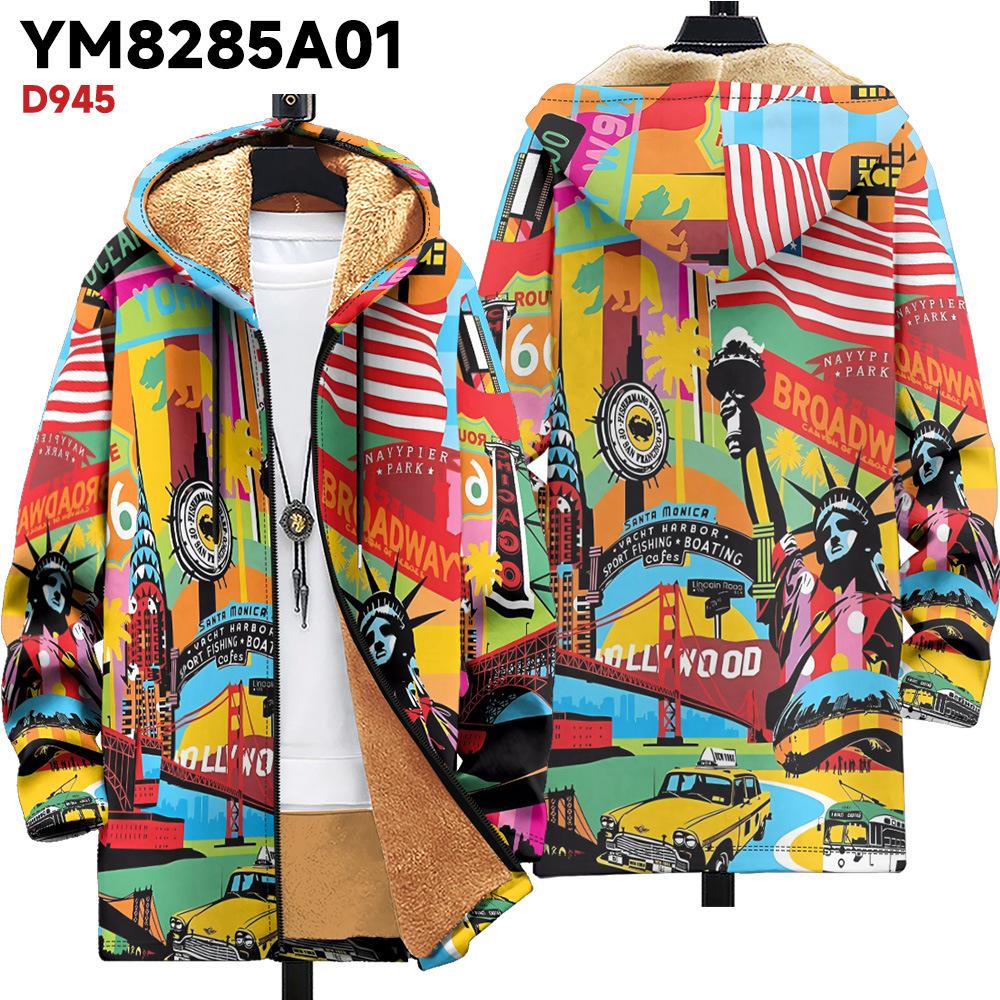 New jacket: multi-colored pattern elements, zipper hooded cardigan, thickened winter fleece padded clothes, yellow lining, trendy cotton clothes