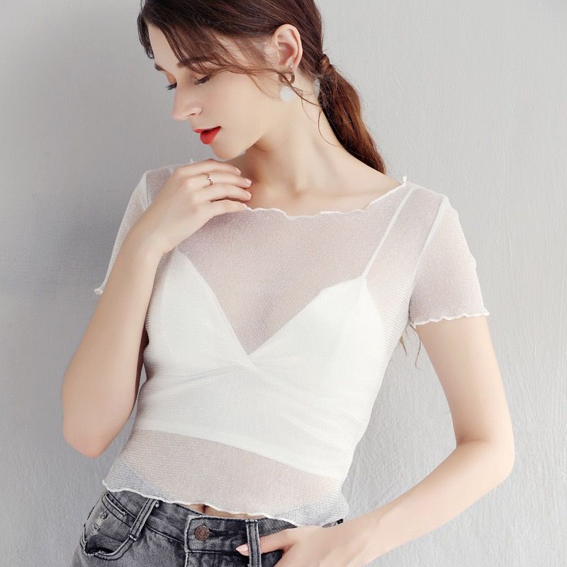 

Прозрачный сетчатый топ с короткими рукавами, женская тонкая рубашка с прозрачным дном XXL белый