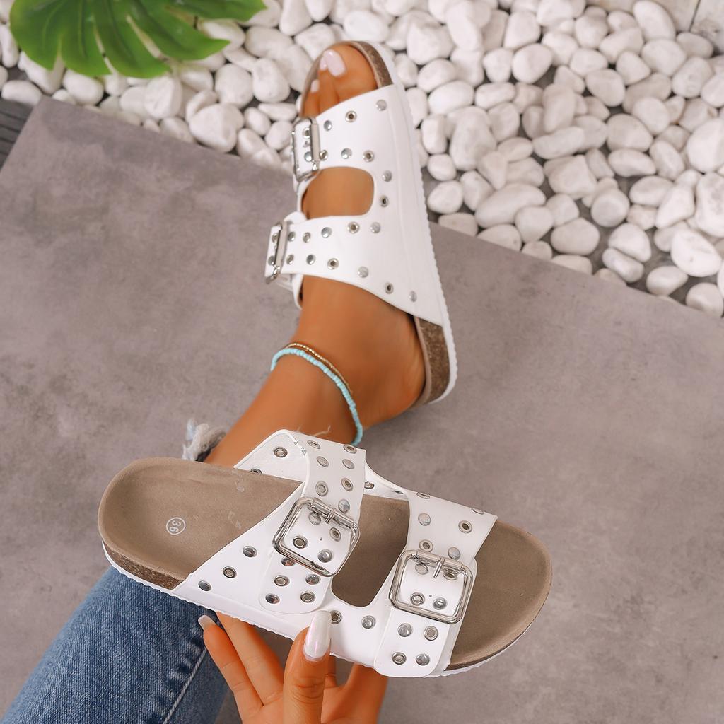 Summer Thick Bottom Buckle Riveted Women's Sandals Handmade Slippers with Flat Bottom Casual Outdoor Slippers Zapatos De Mujer