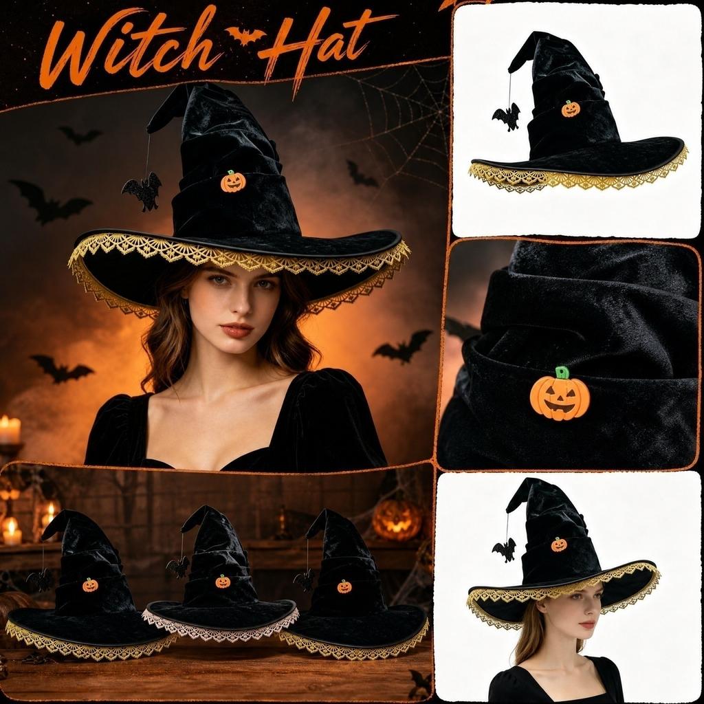 Ruffled Witch Hat with Decor for Halloween Costume