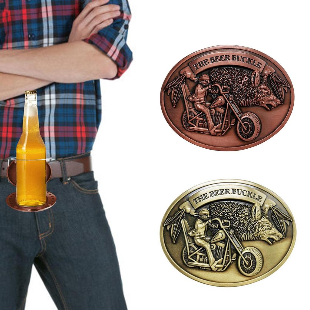 Oval Metal Belt Buckle Featuring Motorcycle Rider and Animal Head Design with Raised Detailing and Textured Background Suitable for Leather Belts