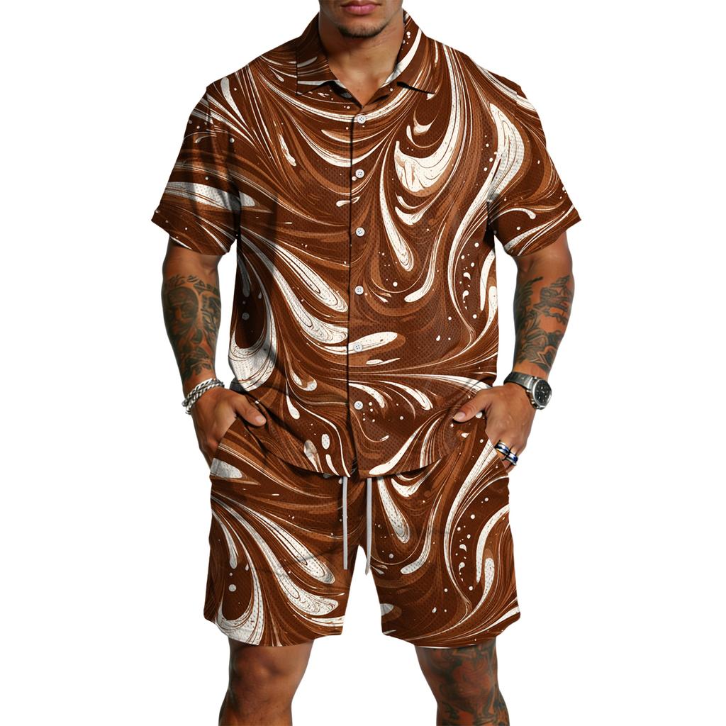 Men Casual Short Sleeve Button Down Shirt Lightweight Breathable Fabric Drawstring Waist Shorts Set Summer Outfit