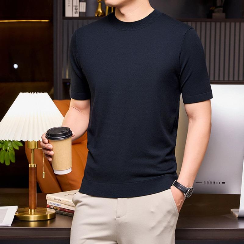 Men Solid Color Short Sleeve Crew Neck Fitted Casual Knit Bottoming Sweater