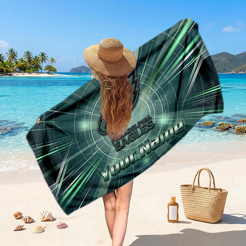 Philadelphia Eagles Customized Name Text Beach Towel, Soft Absorbent Towel Beach Pool Travel Personal Gift