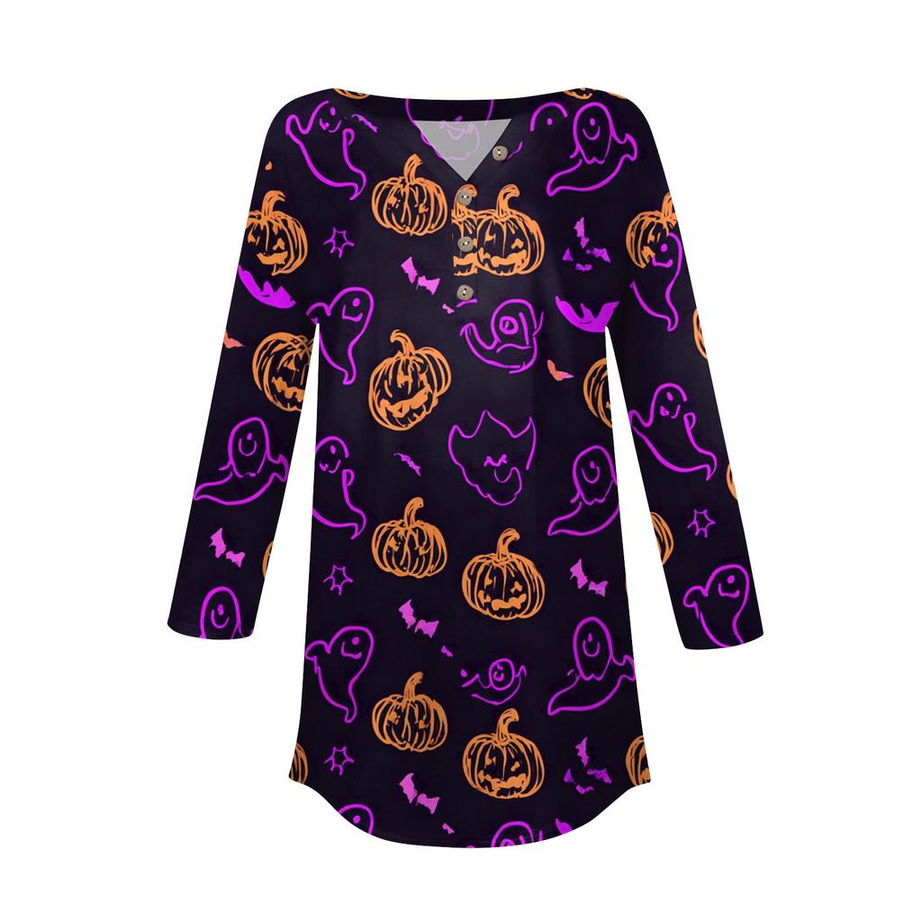 Women's Fashion Loose Button Collar Halloween Print Long Sleeve T-Shirt Top Pullover