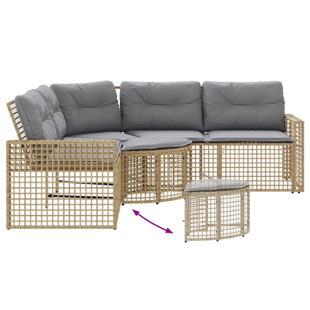 L shaped Garden Sofa with Cushions and Footstool Beige Poly Rattan