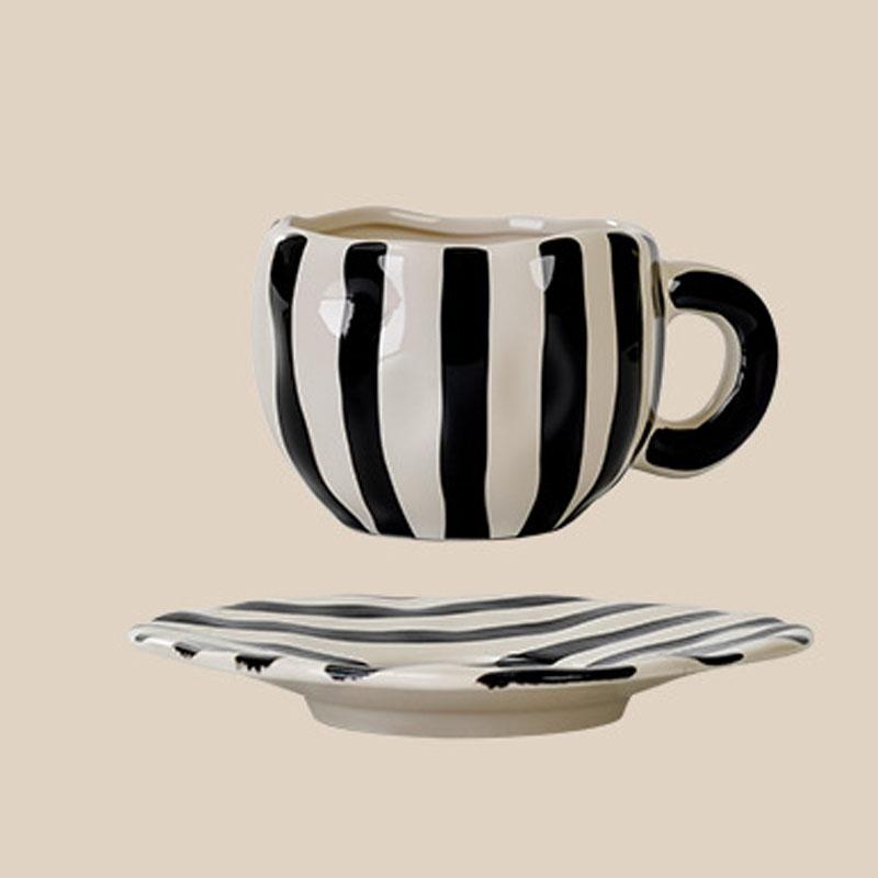 360 Ml Ceramic Coffee Mug with Saucers Handmade Stripes Mugs for Girl Women Tea Milk Cup with Handle Latte Cocoa Office Home