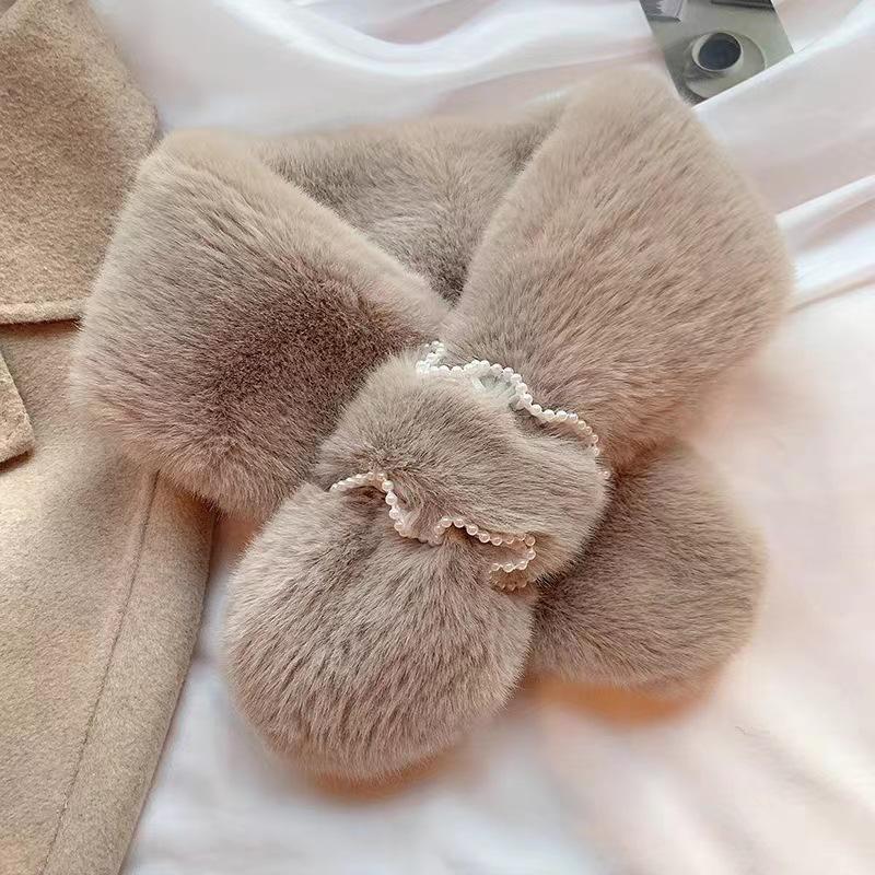 Scarf Women'S Winter Thickened Warm Plush Rex Rabbit Hair Cross Korean Version Versatile Scarf Fashion Pearl Small Scarf